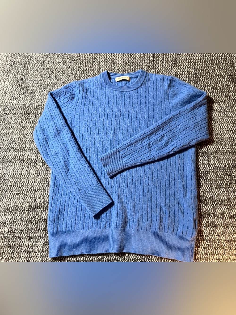 WoolOvers Cashmere Merino Wool Cable Knit Crew Neck Sweater Cornflower Blue M